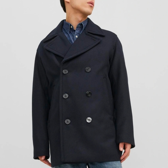 Jack and Jones Wool TIm Coat Dbl Breastd Dbl Collar peacoat Mens - Picture 1 of 14